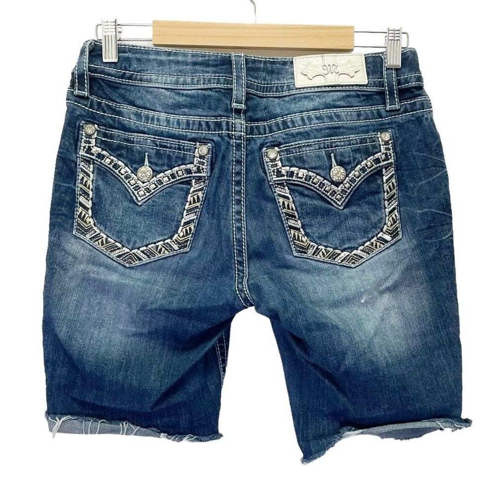 Miss Me Mid-Rise Mid Length Shorts Medium Wash Bling Cut-off Jean Shorts Size 28